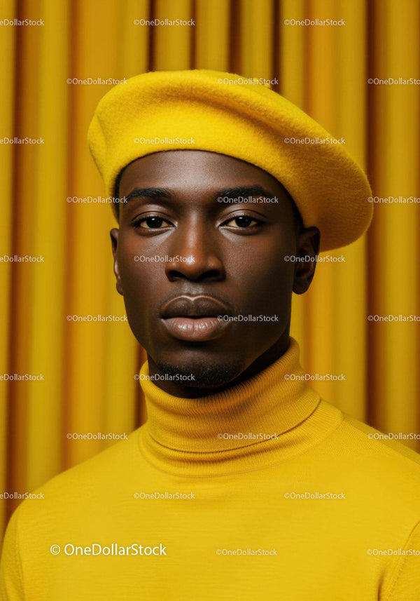 Portrait of Stylish Man Wearing Yellow Beret and Turtleneck