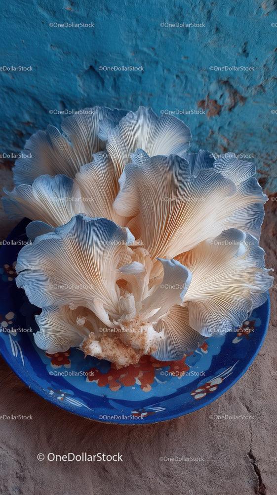 Cluster of White Oyster Mushrooms on Blue Plate with Rustic Background