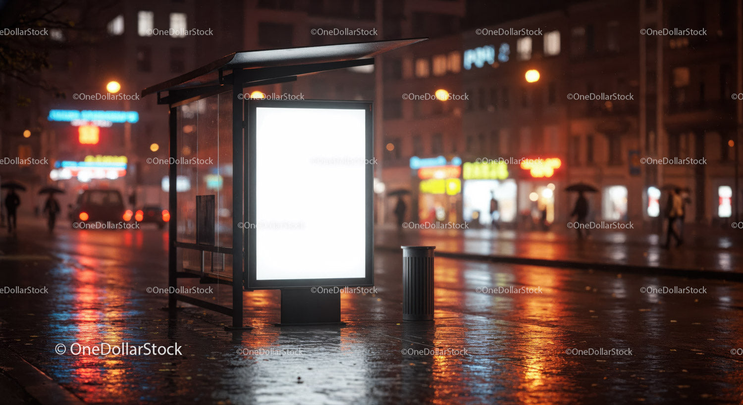Illuminated Bus Stop Shelter with Wet Street Reflections at Night