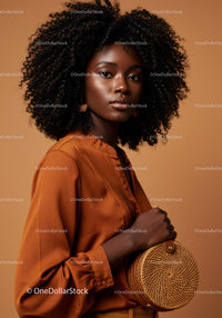 Elegant African Woman in Brown Satin Outfit with Round Handbag