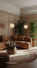 Cozy living room with curved sofa and tropical plants