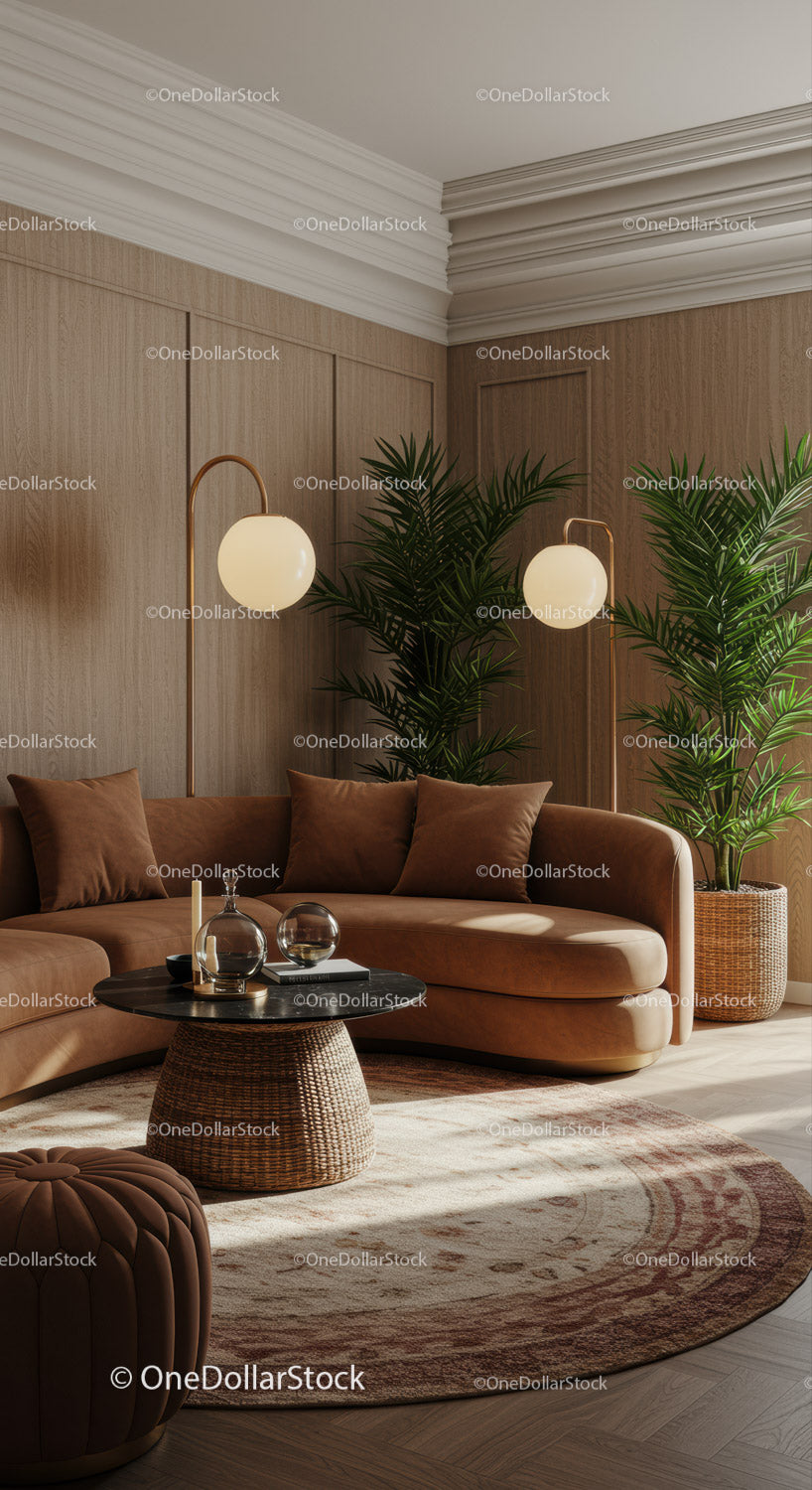 Cozy living room with curved sofa and tropical plants