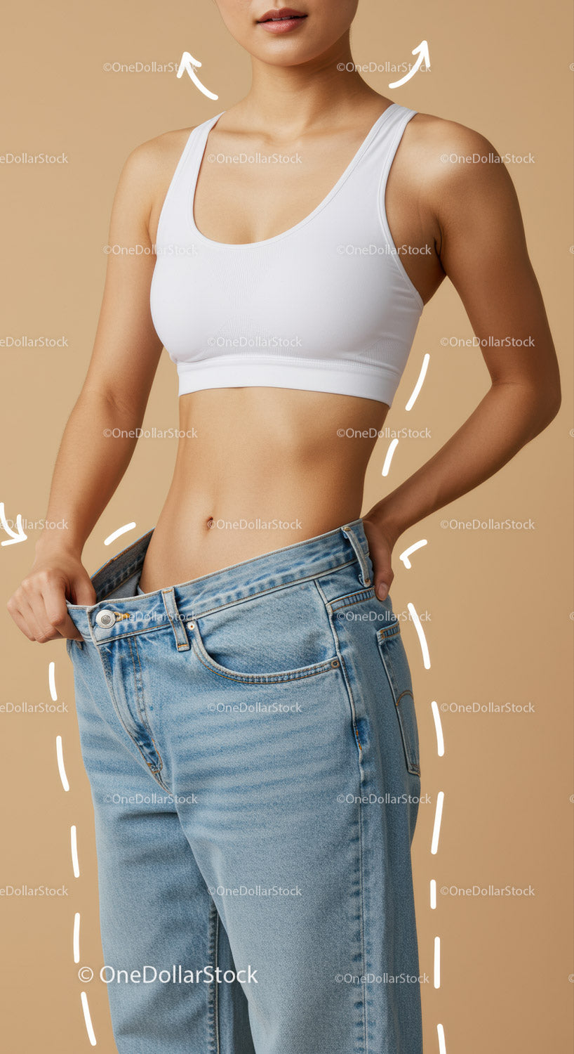 Slim Woman in White Sports Bra and Blue Jeans Body Positivity Concept
