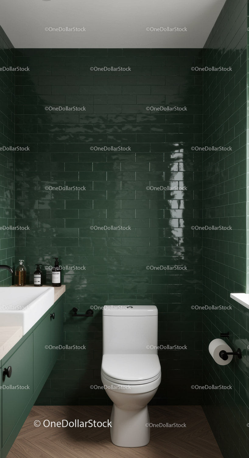 Stylish Modern Bathroom with Green Subway Tiles and White Fixtures