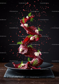 Spiral of Beet Chips with Dill and Cheese Garnish