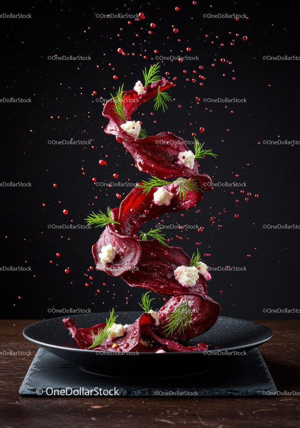 Spiral of Beet Chips with Dill and Cheese Garnish