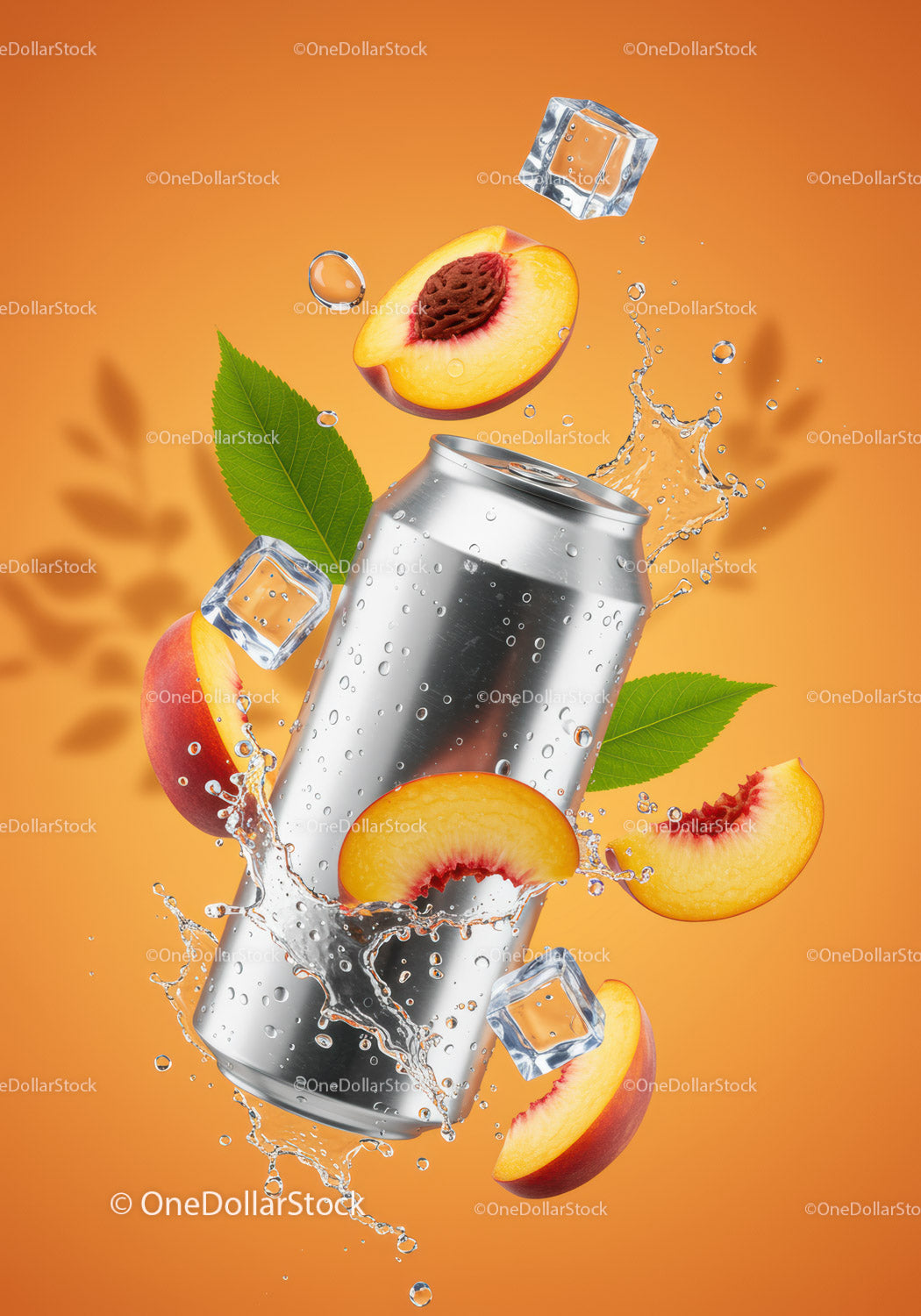 Silver Can with Peach Slices and Splash on Orange Background