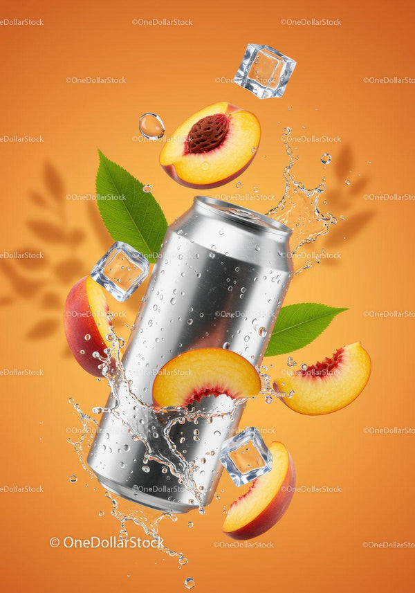 Silver Can with Peach Slices and Splash on Orange Background