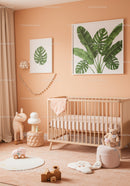 Modern Baby Nursery with Tropical Monstera Wall Art and Soft Decor