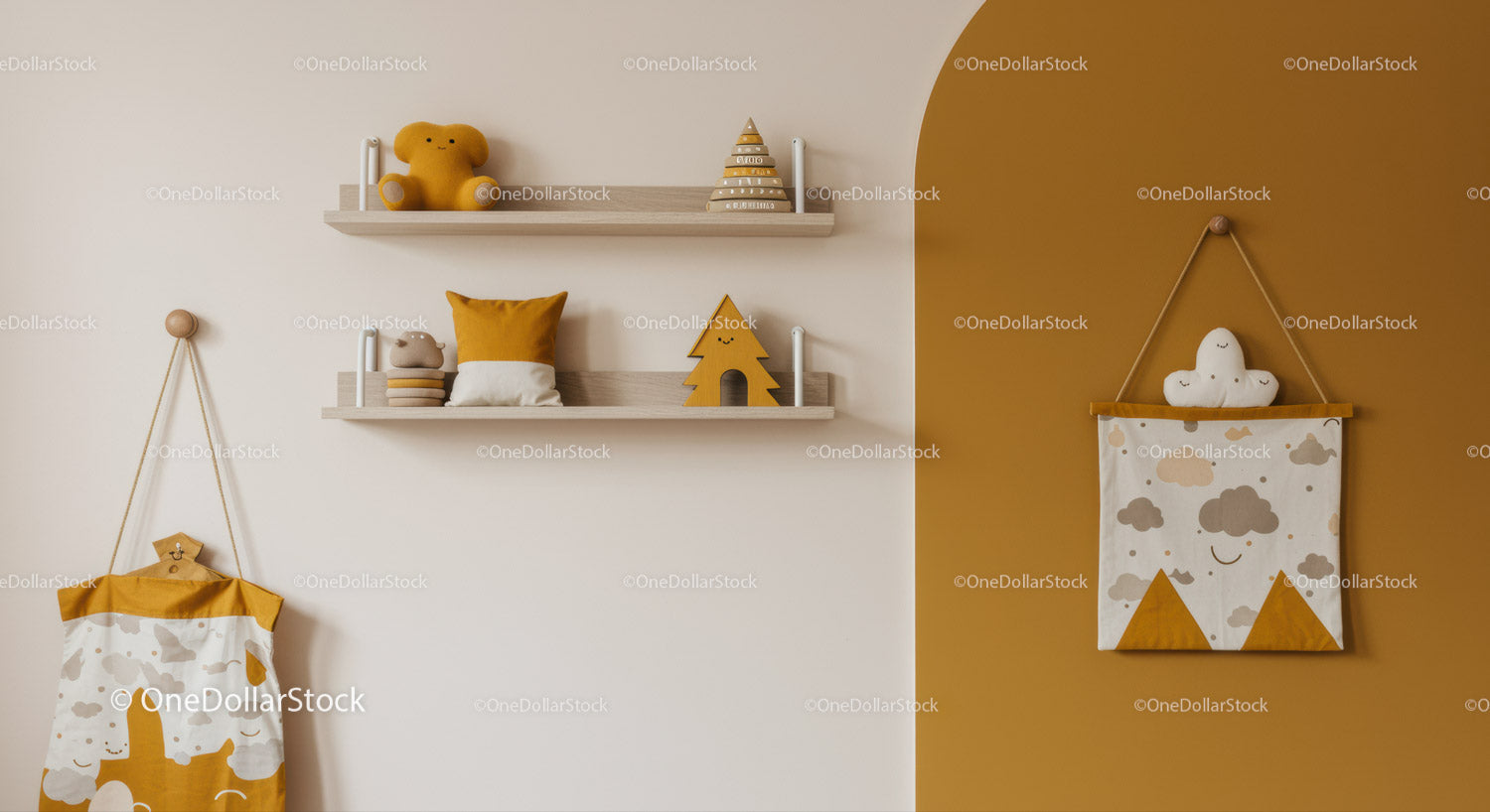 Cozy Nursery with Cloud Pillow and Wooden Shelves Decor