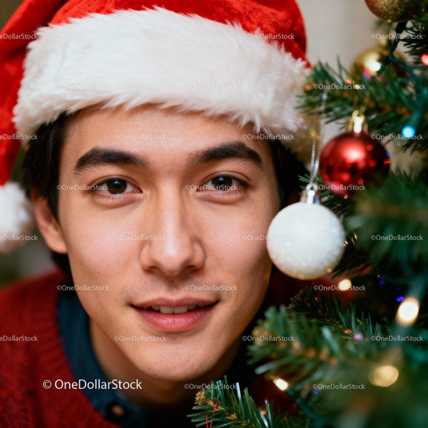 Young man wearing Santa hat by decorated Christmas tree