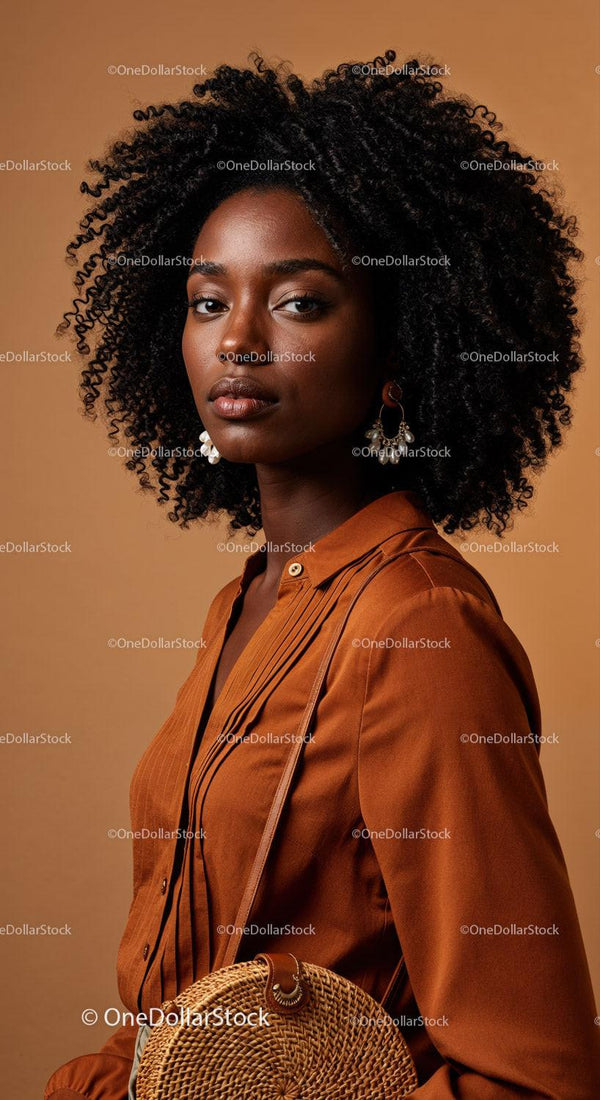 Elegant Woman with Curly Hair in Brown Outfit Standing Against Warm Background
