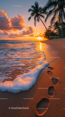 Tropical Sunset with Palm Trees and Ocean Waves on Sandy Beach