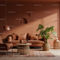 Cozy Modern Living Room with Green Monstera and Rattan Furniture