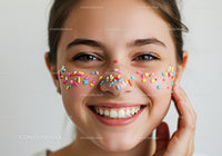 Joyful Girl with Colorful Sprinkles Face Decorations in Bright Studio