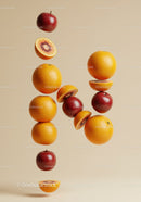 Floating apples and oranges with vibrant citrus slices
