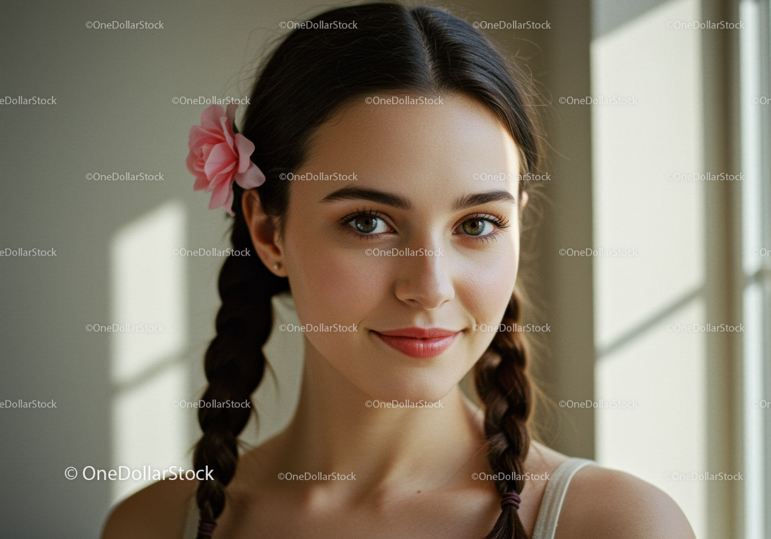 Portret młodej kobiety z warkoczami i kwiatowym dodatkiem