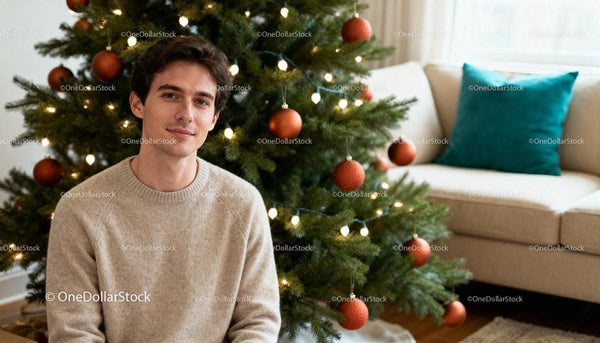 Young man sitting near decorated Christmas tree indoors
