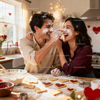 Couple Playfully Baking Heart-Shaped Cookies Together