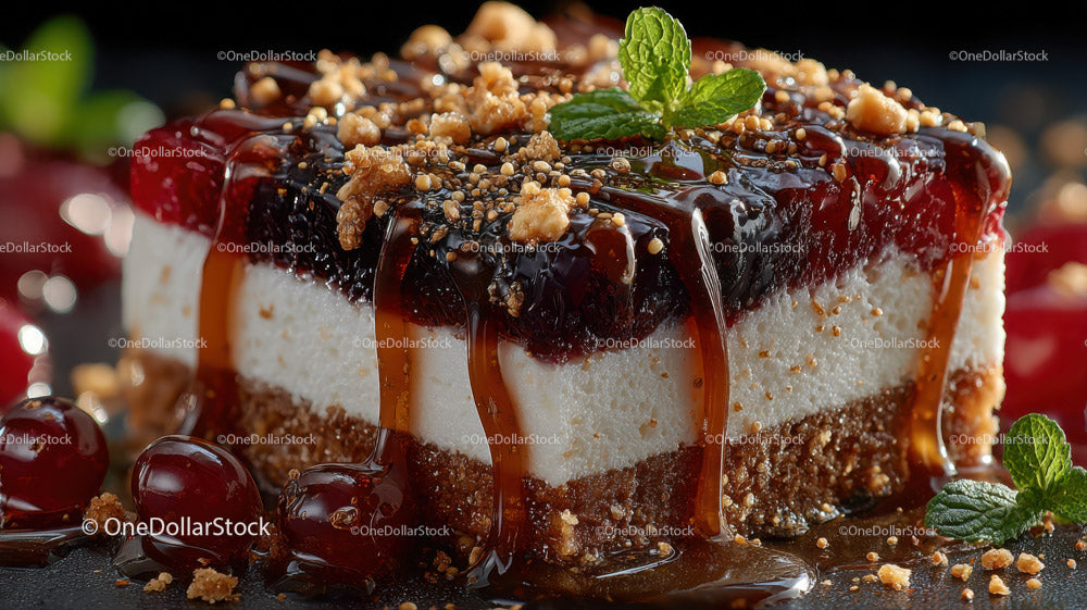Creamy Cheesecake with Cherry Topping and Chocolate Drizzle