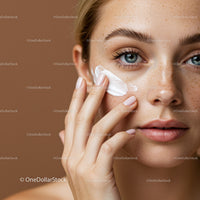 Close-Up of Young Woman Applying Cream to Freckled Face with Clear Skin