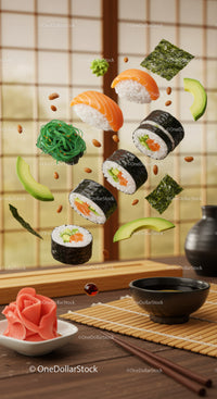 Assorted sushi pieces and ingredients floating above table