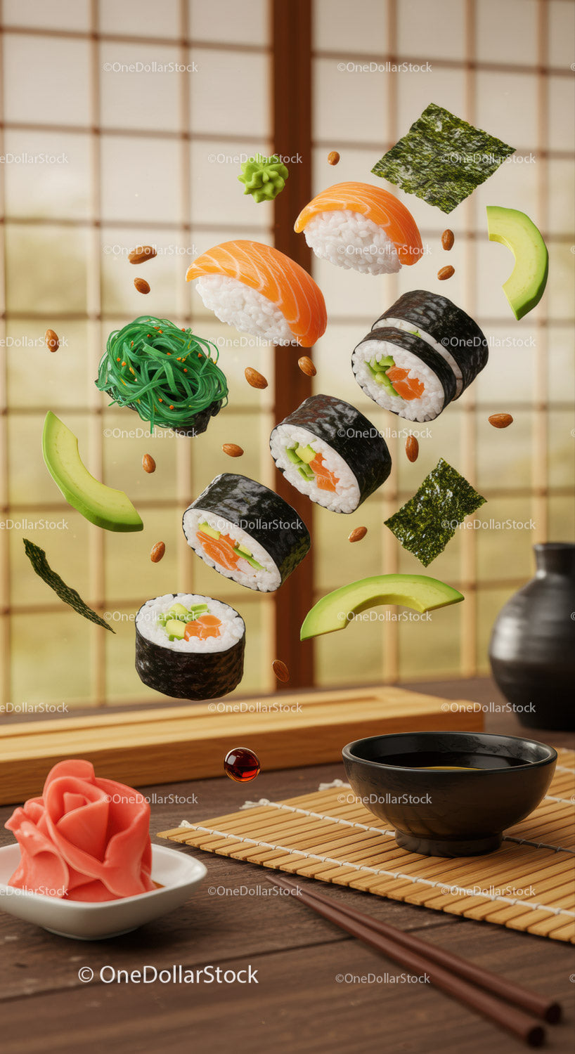 Różne kawałki sushi i składniki unoszące się nad stołem