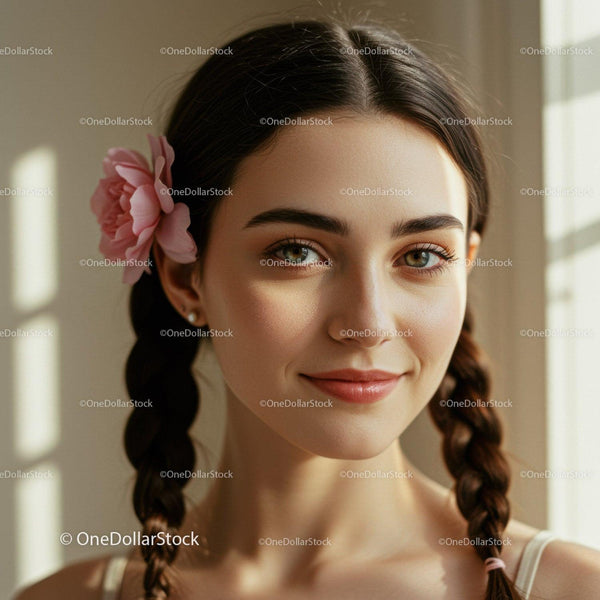 Young Woman with Braided Hair and Pink Flower in a Bright Indoor Setting