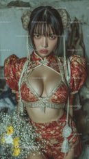 Young Asian Woman in Traditional Red Qipao with Floral Background