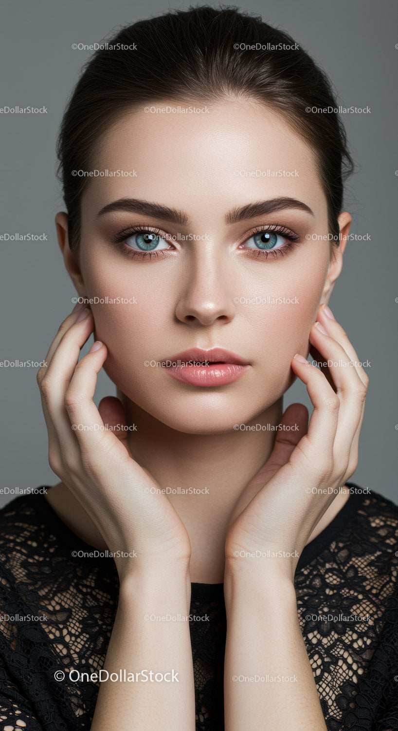 Portret młodej kobiety o niebieskich oczach i eleganckim makijażu