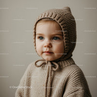 Toddler wearing knitted bonnet and sweater looking away