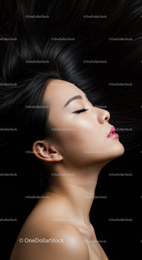 Serene profile of woman with flowing black hair
