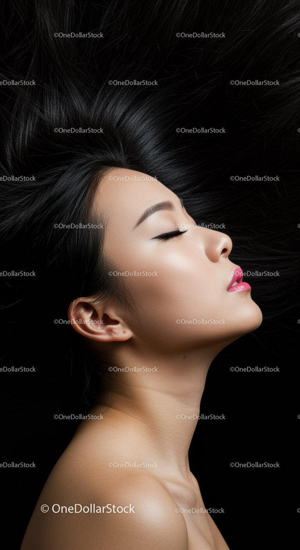 Serene profile of woman with flowing black hair