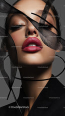 Bold Red Lipstick and Artistic Black Feathers in Fashion Portrait
