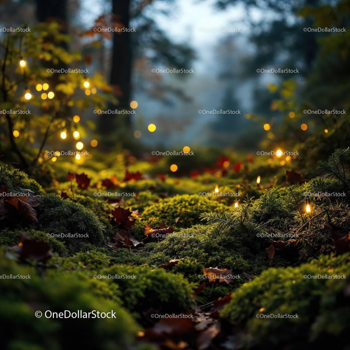Glowing Fairy Lights Among Mossy Forest Floor