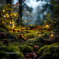 Glowing Fairy Lights Among Mossy Forest Floor