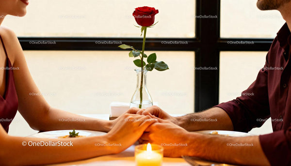 Couple Holding Hands at Romantic Dinner with Red Rose