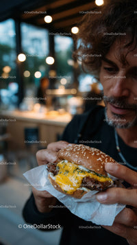 Man Enjoying Cheeseburger in Casual Cafe Setting