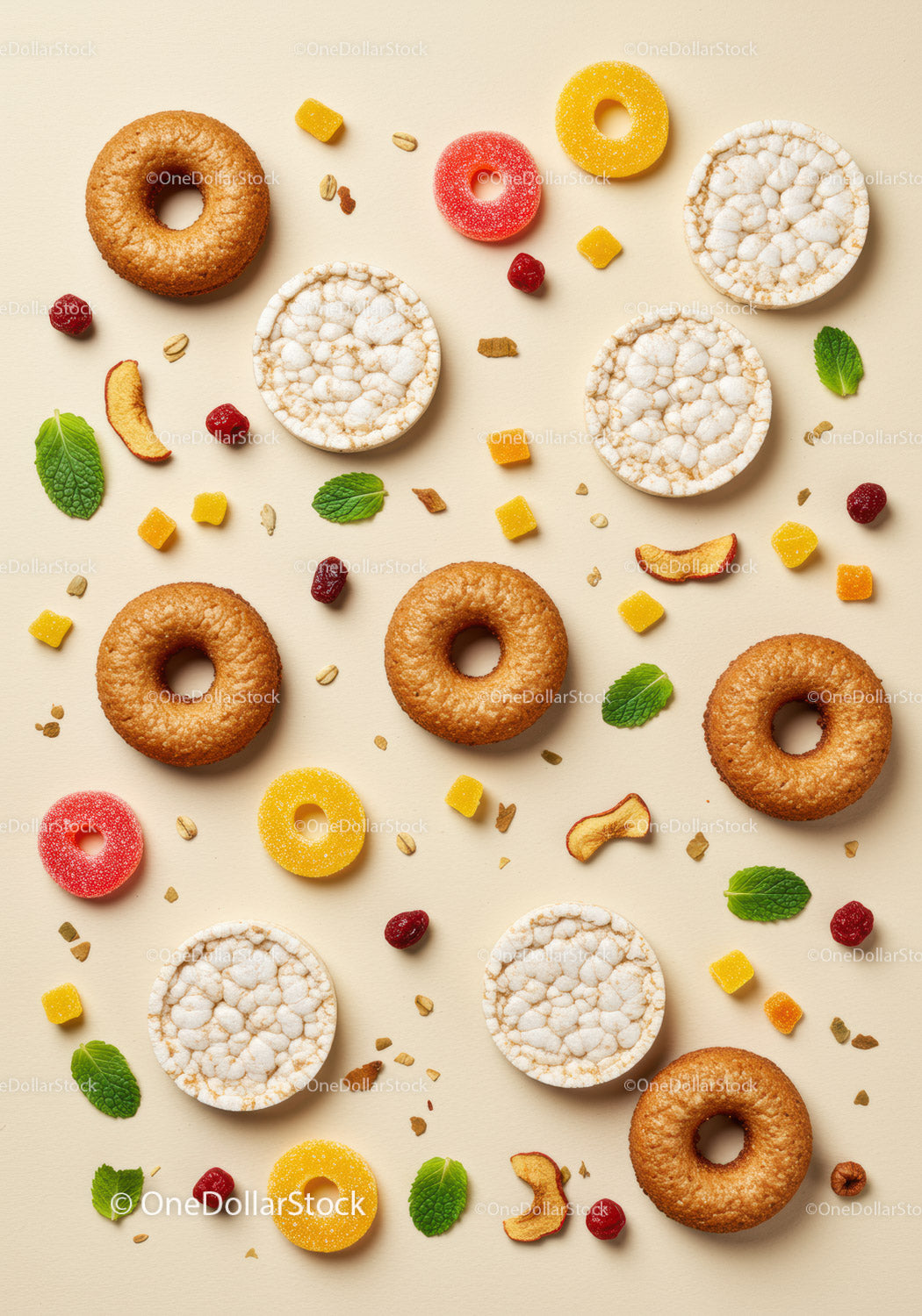 Assortment of Healthy Crispbread and Colorful Candies
