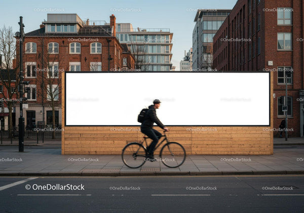 Cyclist riding past large blank urban billboard JPG Mockup Image