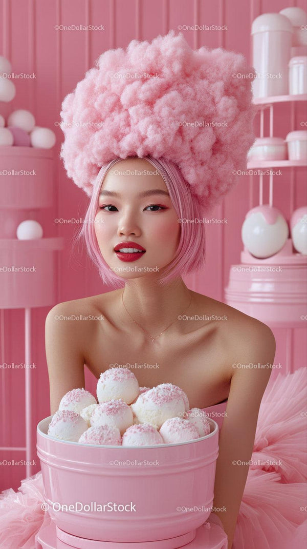 Young Woman in Playful Pink Cotton Candy Hair and Makeup