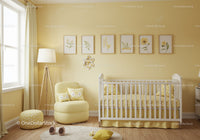 Bright Yellow Nursery with Baby Crib and Floral Wall Art