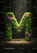 Lush Green Letter M with Vibrant Tropical Flowers