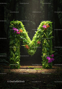 Lush Green Letter M with Vibrant Tropical Flowers
