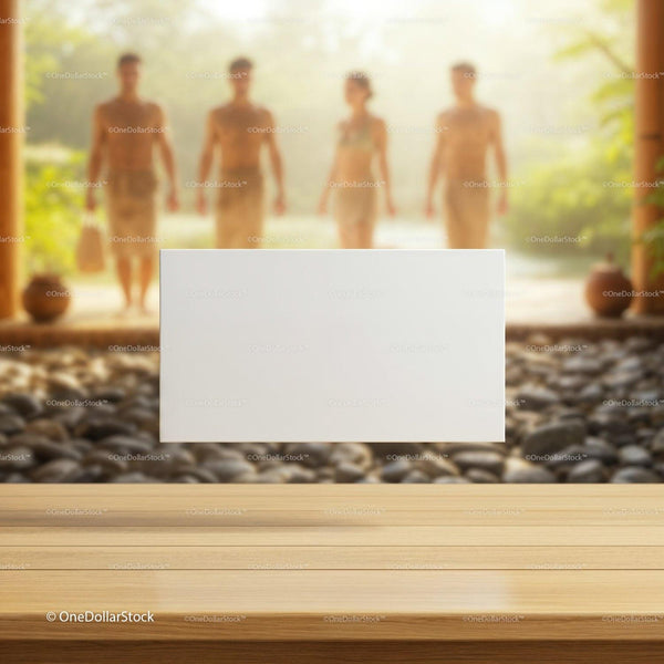 Relaxed people walking in spa environment with empty card JPG Mockup Image