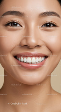 Close up of smiling woman with clear skin and bright teeth