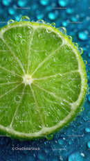 Juicy Lime Slice with Water Droplets on Blue Background