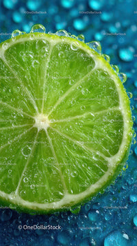 Juicy Lime Slice with Water Droplets on Blue Background
