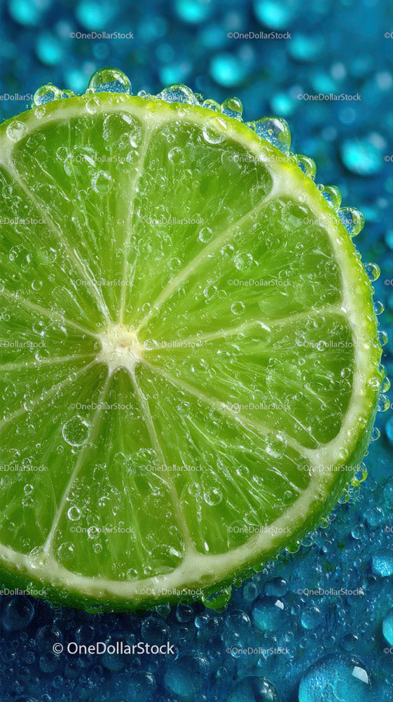 Soczysty plasterek limonki z kroplami wody na niebieskim tle