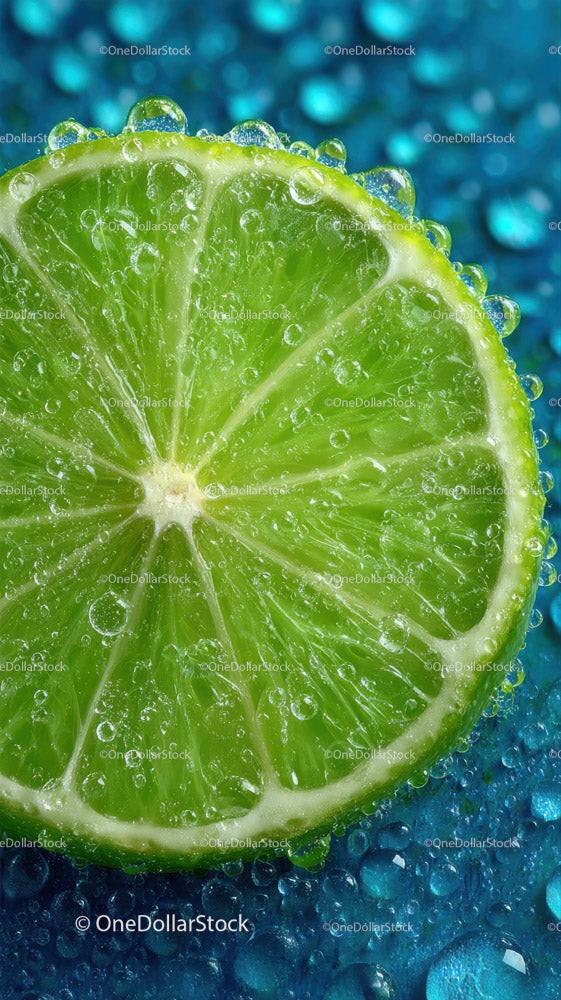 Juicy Lime Slice with Water Droplets on Blue Background